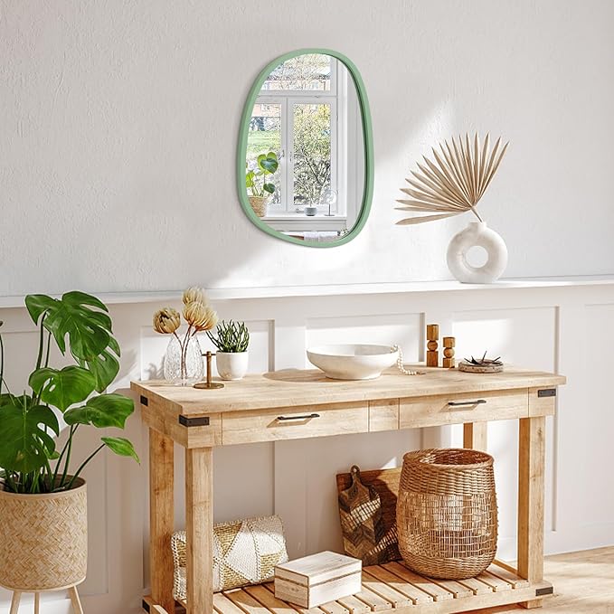 Wooden Framed Irregular Mirror - Modern Artistic Asymmetrical Oval Hanging Wall Mirror for Bathroom, Bedroom, Living Room, Entryway & Hallway