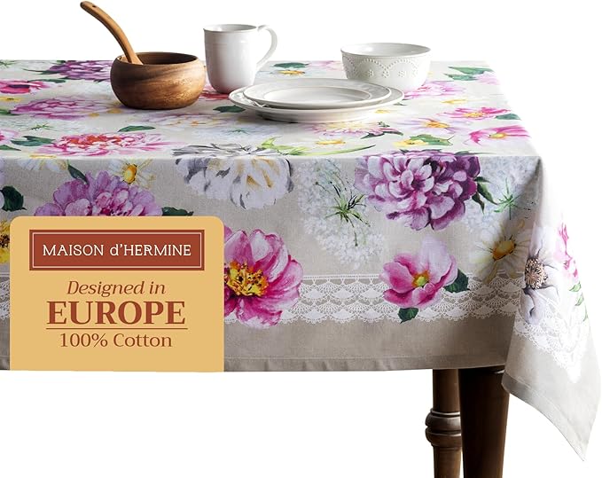 Maison d' Hermine Table Cloth Rectangle Table 100% Cotton 54 x 72 Inches Tablecloth Reusable Decorative for Dining Room Farmhouse Home Valentines Day Decorations Spring Summer - Pivoine