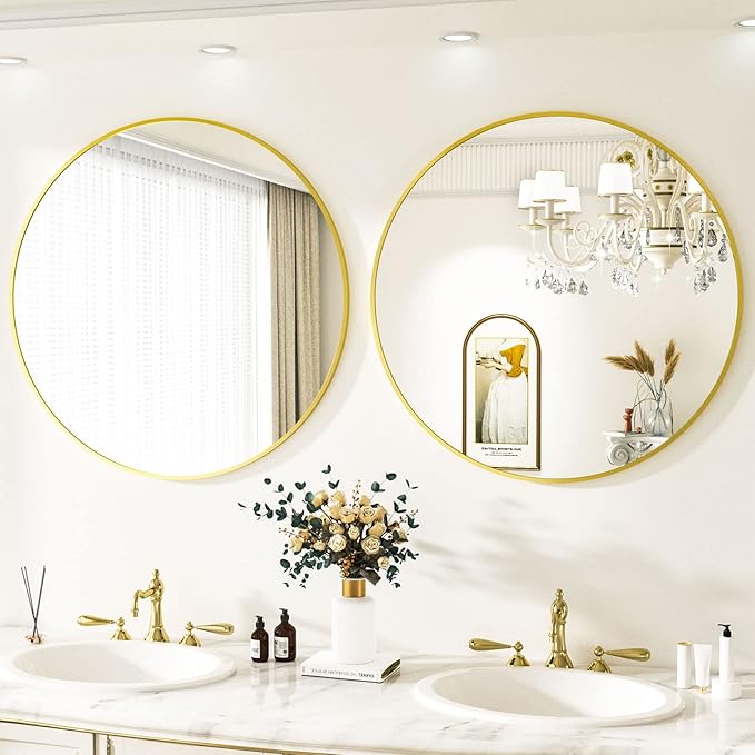 VooBang Round Mirror 23.6" Gold Wall Mounted Circle Mirrors Vanity Mirror with Aluminum Alloy Frame Modern Decoration for Bathroom, Living Room, Vanity, Bedroom, Entryway