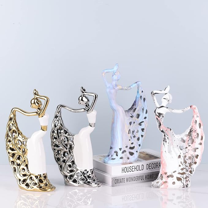 DOVDOV Abstract Ceramic Peacock Dancer Statue, Female Ballerina Decoration, Gold and Silver Home Decor Trinkets for Dance Studio Living Room TV Cabinet Console Dresser Entryway Countertop Decoration