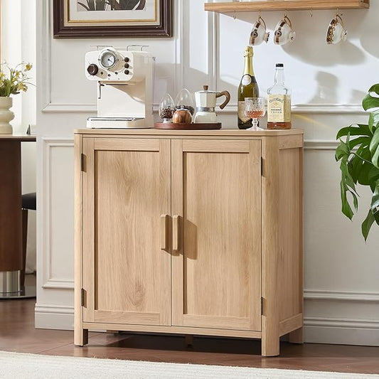 Sideboard Buffet Cabinet with Storage, 31.5" Arc-Shaped Credenza with 2 Doors & Adjustable Shelves, Mid Century Modern Coffee Bar Cabinet for Kitchen, Living Room, Entryway, Natural
