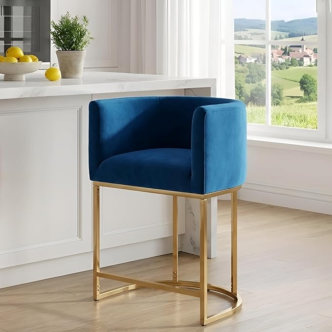 Contemporary Blue Velvet Bar Stool, 24" Upholstered Fabric Counter Height Barstool Kitchen Counter Island Stool with Screwed Together Golden Metal Base