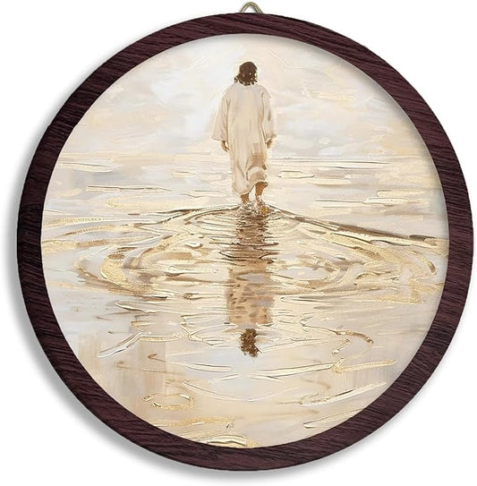 TFKFJLF Christian Jesus Round Wall Art Decor, Vintage Religious Framed Wooden Wall Art Prints Artwork, Christian Easter Wall Hanging Room Door Decor for Home Bedroom Living Room, 10x10 Inch