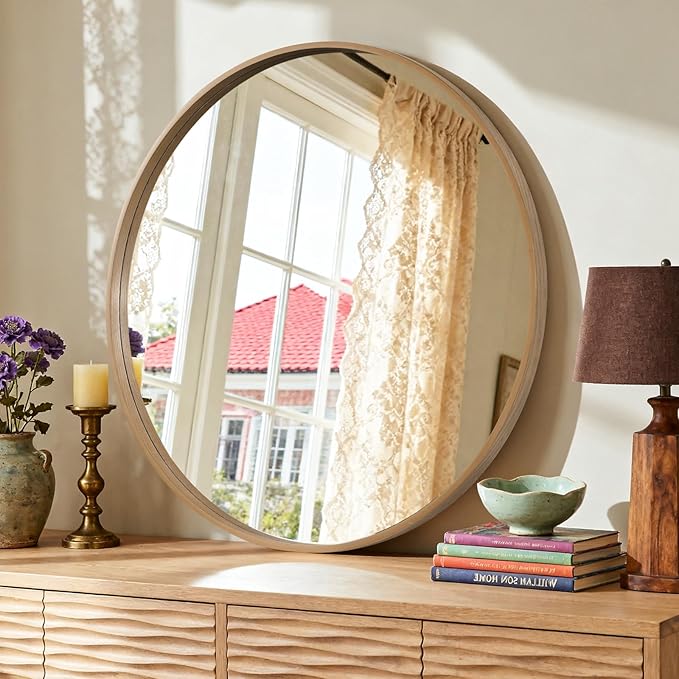 HOMECOOKIN Round Wood Mirror 32 inch Circle Wall Mirror for Bathroom, Vanity, Entryway, Living Room Decor, Natural Rustic Mirror