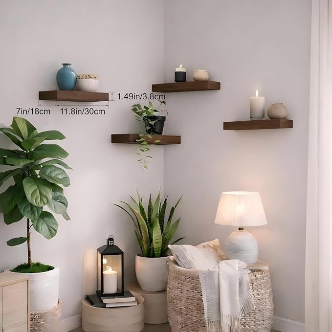 Bathroom Floating Shelves for Wall, Walnut Small 11.8" Floating Shelf for Storage, Display and Farmhouse Rustic Home Decor, Perfect Over Toilet for Bedroom, Kitchen or Living Room, 2-Pack