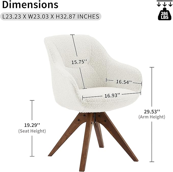 Art Leon Desk Chair No Wheels, Mid Century Modern Office Chair, Swivel Accent Chair with Oak Wood Legs, Boucle Fabric Upholstered Arm Chair, White