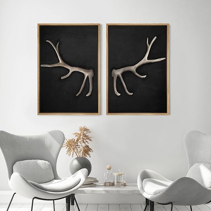 MUDECOR Framed Canvas Print Wall Art Rustic Antler Minimalist Antler Illustrations Modern Art Decorative Bohemian Colorful Chic for Living Room, Bedroom, Office - 24"x36"x2 Natural