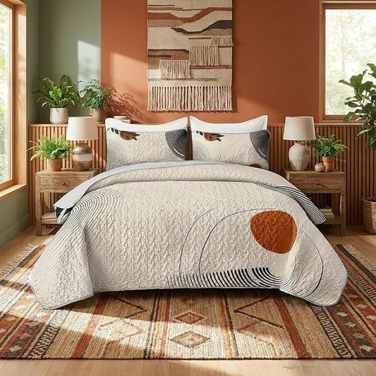AILONEN Boho Mid Century Bedding Sets,Vintage Geometry Quilt Set Queen Size,Modern Minimalist Simplistic Bedspread Coverlet - Soft Lightweight 3Pcs 1 Quilt with 2 Pillowcases,Brown