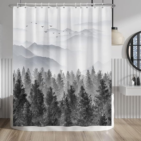Baocicco Grey Forest Mountain Shower Curtain Watercolor Misty Forest Nature Tree Mountain Landscape Shower Curtains for Bathroom Waterproof Fabric Shower Curtain with Hooks 60x72 Inches