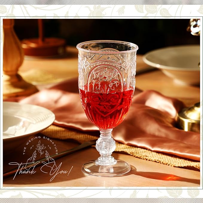 36 Pack Plastic Goblets 10oz Upgrade Vintage Water Goblet Plastic Wine Glasses Colored Retro Embossed Glassware for Party Wine Bar Juice Baby Shower Wedding Reception Grand (Clear)