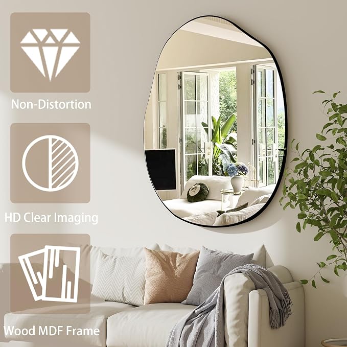 HARRITPURE Irregular Wall Mirror 22"x32" Black Asymmetrical Bathroom Mirror Wood Framed Modern Decorative Vanity Mirrors for Bedroom Living Room Entryway
