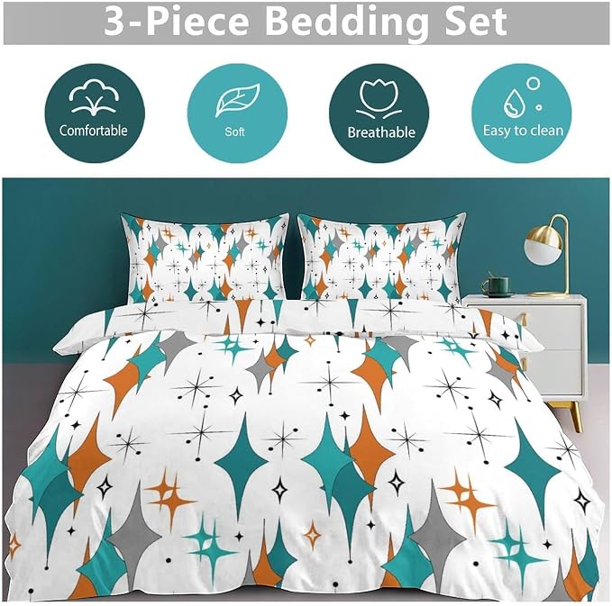 Mid Century Bedding Set,Modern Orange Blue Abstract Atomic Geometric Pattern Retro 1950s 1960s Style Comforter Set with Pillowcase for Bedroom Bed Decor,King 102"x90"
