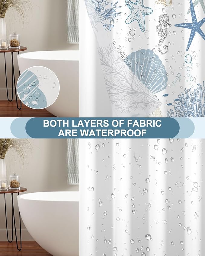 No Hook Shower Curtain with Snap in Liner Set - Sea Seashells, Starfish & Coral Print Shower Curtains for Coastal Nautical Ocean Bathroom, Waterproof Bath Curtain with Mesh Top, 71x74 Inch