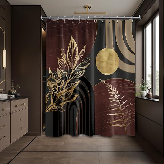 Dark Brown and Black Shower Curtain Boho Mid Century Gold and Brown Shower Curtains for Bathroom Decor, Waterproof Cloth Fabric with Hooks, 70" W x 78" L