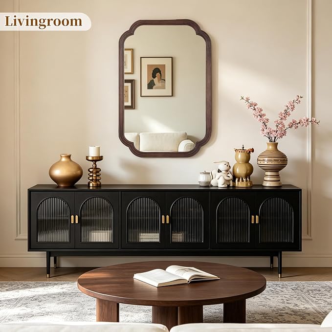 HOMECOOKIN Wood Bathroom Mirror for Wall Decor Arched Rounded Corner Rustic Wood Frame Wall Mirror Home Decorative for Vanity, Living Room, Bedroom, Entryway (20 x 30 inch, Walnut)