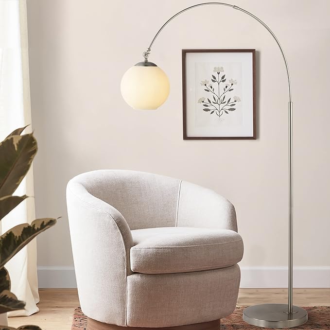 JONATHAN Y 71" Nickel/White Nora Arc Floor Lamp, Mid-Century Modern Standing Light, Vintage Iron LED Arched Reading Lamp with Mercury Glass Shade, LED Bulb Included (JYL3089B)