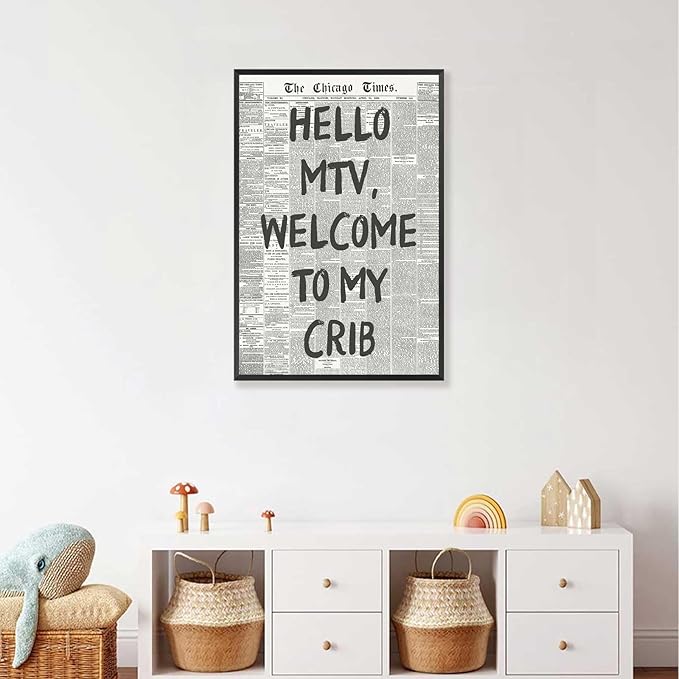 Hello Mtv Welcome To My Crib Poster Vintage Black And White Newspaper Canvas Wall Art Positive Affirming 70'S Room Aesthetic Prints Painting For Home Bedroom Dorm Wall Decor 16x24in Framed