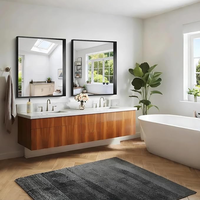 CIRCUMI Black Bathroom Mirror, 30"x36" Rectangular Mirror with Deep Metal Frame, Brushed Finish, Tempered Glass, Mirror for Wall, Oversink, Bedroom, Installed Vertically/Horizontally, Crystal-Clear