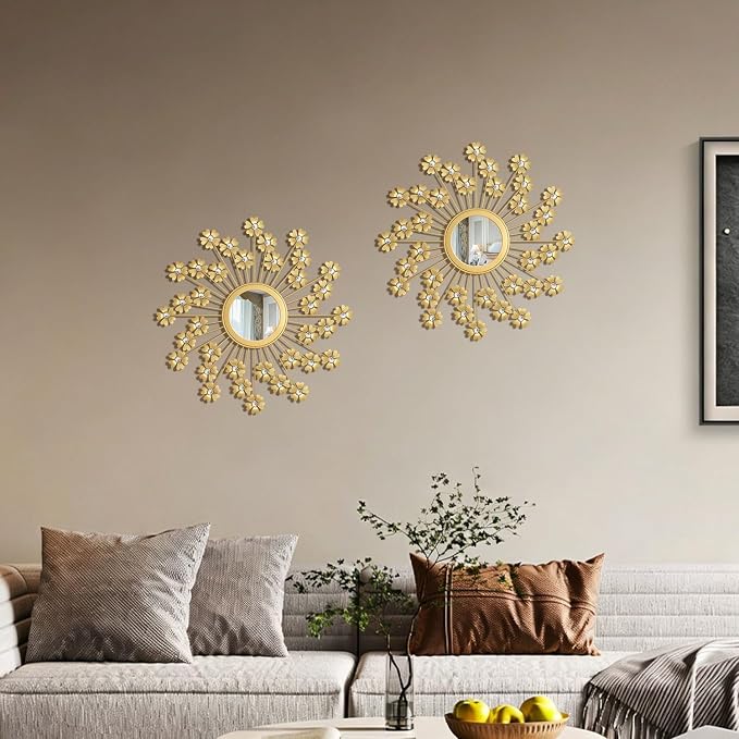 2 Pack Metal Mirrors for Wall Boho Sunburst Wall Mirror Home Decor Modern Decorative Wall Art for Bedroom Living Room Entryway