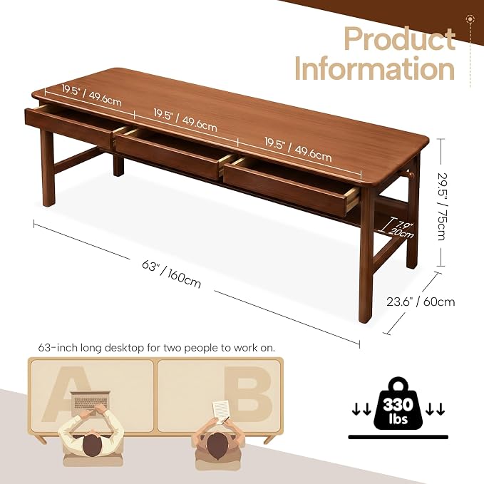 63" Long Solid Wood Writing Desk with 3 Drawers, Mid-Century Modern Desk, Home Office Computer Desk with Storage Shelf, Simple Simple Study Table, Work Desk Station (Walnut, 63" x 23.6" x 29.5")