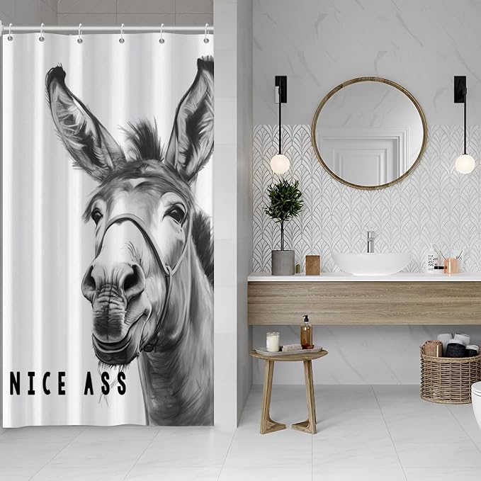 Funny Donkey Shower Curtains Joke Hilarious Animal Bathroom Curtain Rustic Farmhouse Cute Donkey White Shower Curtain Sets for Bathroom Extra Long 36x72 in with 6 Hooks