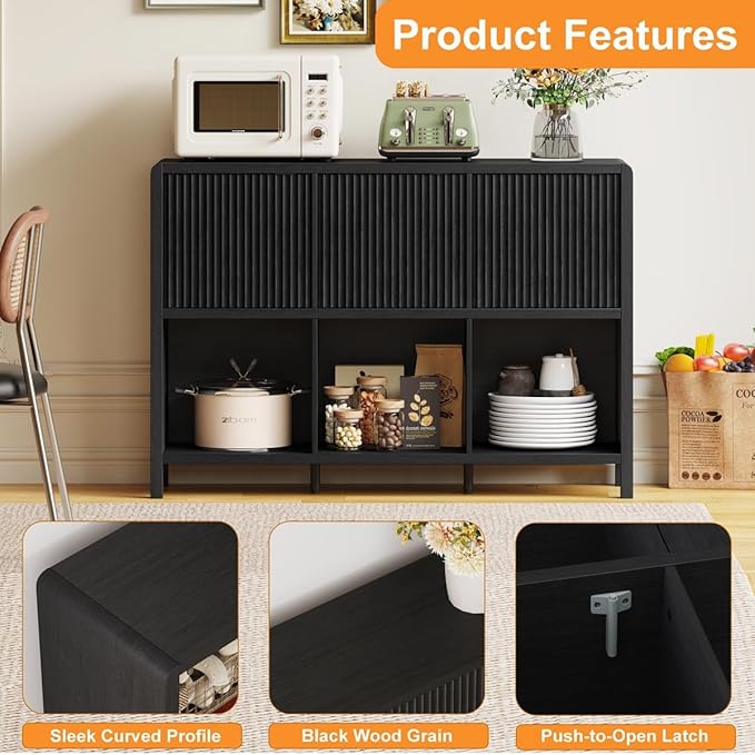 FATORRI 6 Cube Storage Organizer, Horizontal Bookcase with 3 Doors, Low Wood Bookshelf for Home Office, Bedroom, Living Room (Black)