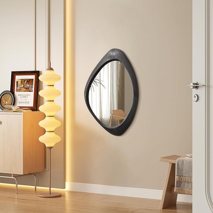 AAZZKANG Irregular Mirror Black Asymmetrical Wall Mounted Mirrors Large Modern Wood Frame Wall Mirror for Bathroom Bedroom Living Room Entryway 24"x16"