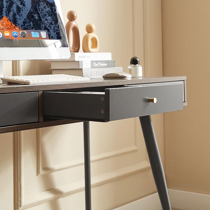 KEVINSPACE Mid Century Desk with Drawers, 47" Modern Home OfficeDesk, Writing StudyDesk ComputerDesk with Metal Legs & 3 Drawers, Multipurpose Vanity TableDesk for Bedroom Office, Walnut&Grey