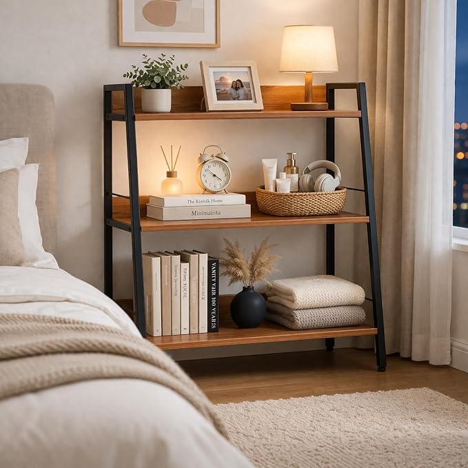 Ladder Shelf, 3 Tier Bookshelf, Small Bookshelf for Small Spaces, Wood and Metal Bookcase, Ladder Bookshelf, Modern Storage Shelf for Living Room and Office (Black, Ladder)