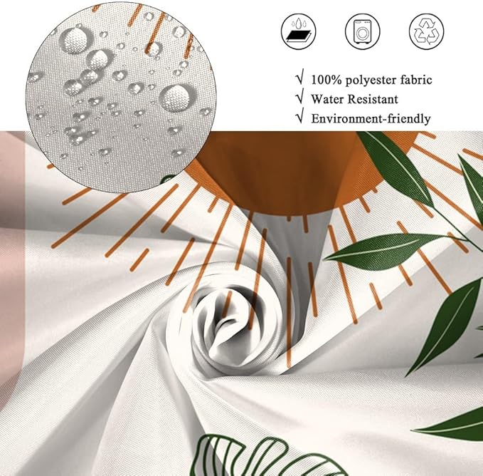 Mid Century Boho Shower Curtain for Bathroom Green Leaves Red Sun Arch Stripes Shower Curtains Modern Bohemian Abstract Bathroom Decor Set Washable Waterproof Polyester Fabric with Hooks 48x72 Inch