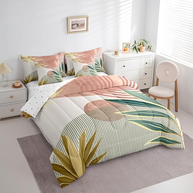 Erosebridal 7 Pcs Mid Century Boho Comforter Set King Abstract Retro Minimalist Bedding Sets for Women,Modern Bohemian Aesthetic Bed in a Bag Simple Quilt with Flat Fitted Sheet,Pink Green