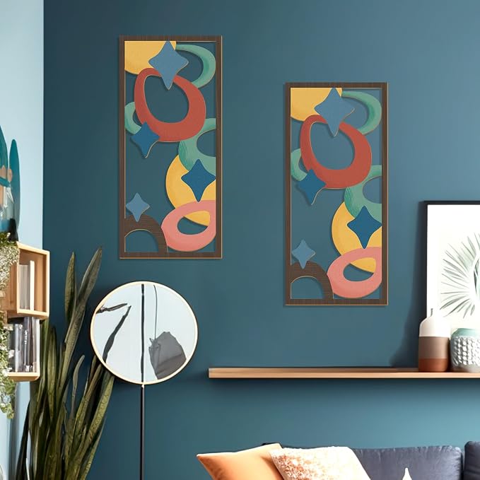 Zzbakress 2 Pcs Mid Century Modern Decor Wooden Geometric Wall Art Abstract Wall Decor Art Elegant Wall Decor for Home Living Room Bedroom