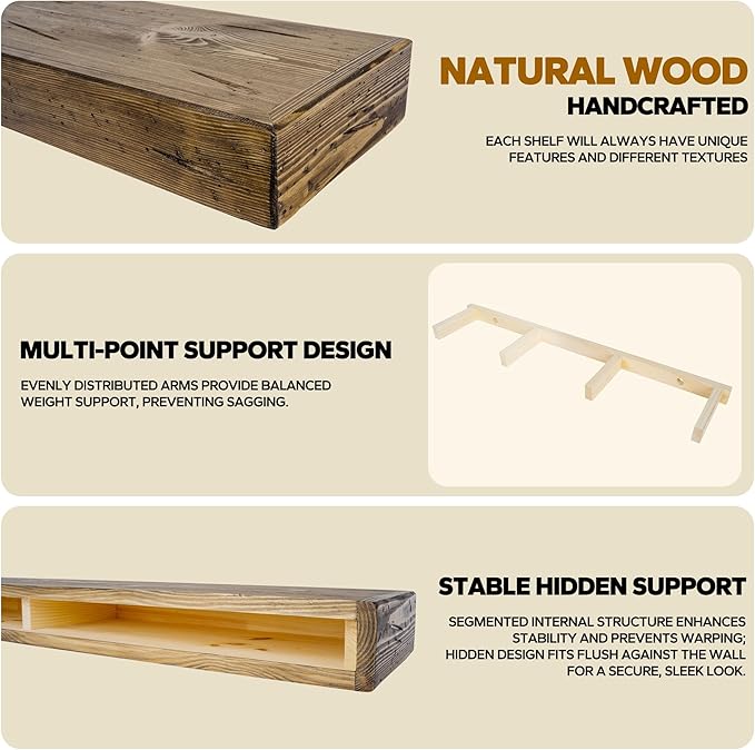 Floating Shelves 3 inch Thick for Wall Set of 2,Solid Pine Wood Wall Mount Shelf for Kitchen Living Room Bedroom Bathroom,8" D x 30" L x 3" H-Distressed Black Walnut