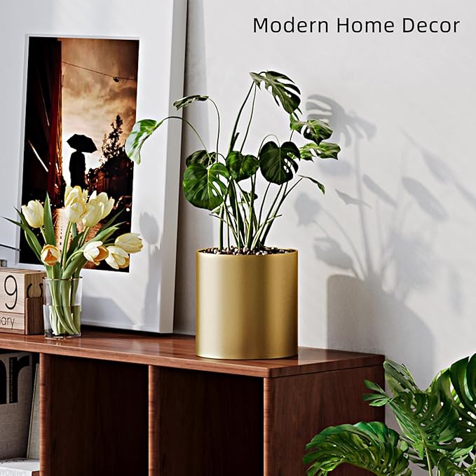 Gold Metal Plant Pot with Drainage Hole,7 Inch Mid Century Modern Small Pot Indoor Outdoor Planters for Succulents, Flowers & Home Decor Gift Window Living Room Bedroom