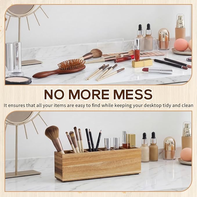 Jetec Wooden Pencil Pen Holder for Desk 6 Compartments Wood Office Desk Organizers for Countertop Adjustable Makeup Brush Organizer Silverware Caddy for Party, Home, Art Supplies (Acacia Wood)