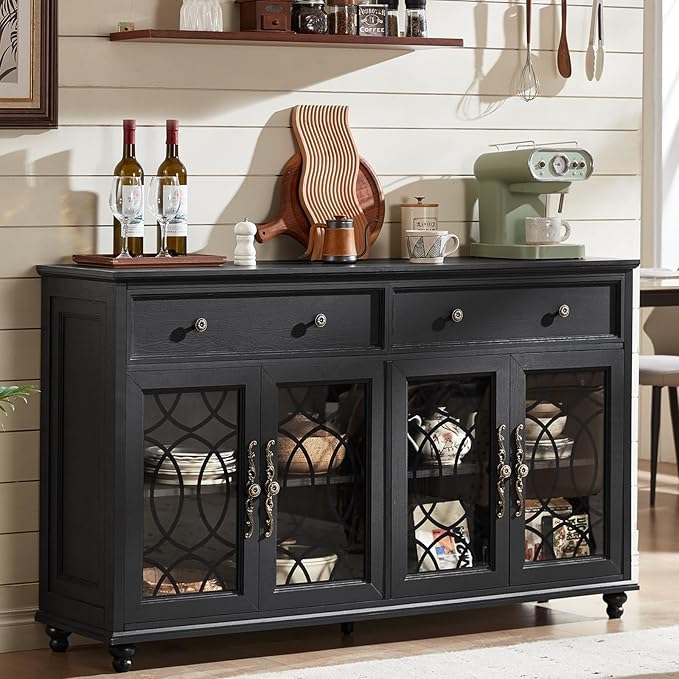 Farmhouse Sideboard Buffet Cabinet with Storage,59" Large Credenza with 4 Glass Doors & 2 Drawers,Adjustable Shelves Console Table,Wood Kitchen Coffee Bar for Dining Room,Living Room,Black