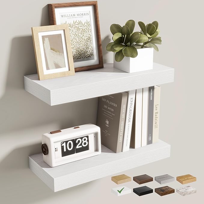 16 Inch Floating Shelves for Wall 2 Pack, 16" Wall Shelves for Books, Storage, Decor, Wall Mounted Floating Shelf with Invisible Brackets for Kitchen, Living Room, White