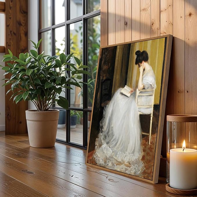 WALLZK Vintage Framed Wall Art Lady Reading Canvas Prints Victorian Women Portrait Decor Pictures Artwork for Walls Living Room Study Bedroom Bathroom 12"x16"