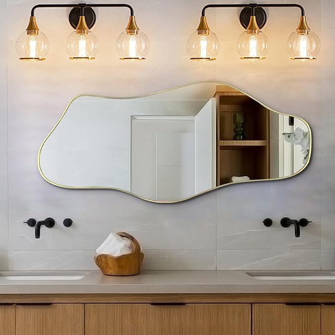 Irregular Mirror, Asymmetrical Frameless Mirrors, 40"x17.7" Gold Abstract Wall Mirror Decorative, Modern Cloud Shaped Mirrors for Living Room Bathroom Bedroom Hallway Entryway Fireplace