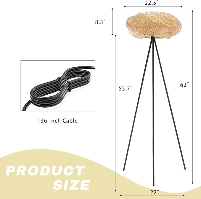 Handwoven Tripod Floor Lamp, Boho Bamboo Woven Lotus Shade Tall Standing Lamp, Black Metal Base for Living Room Bedroom Entryway, E26 Socket (Natural)