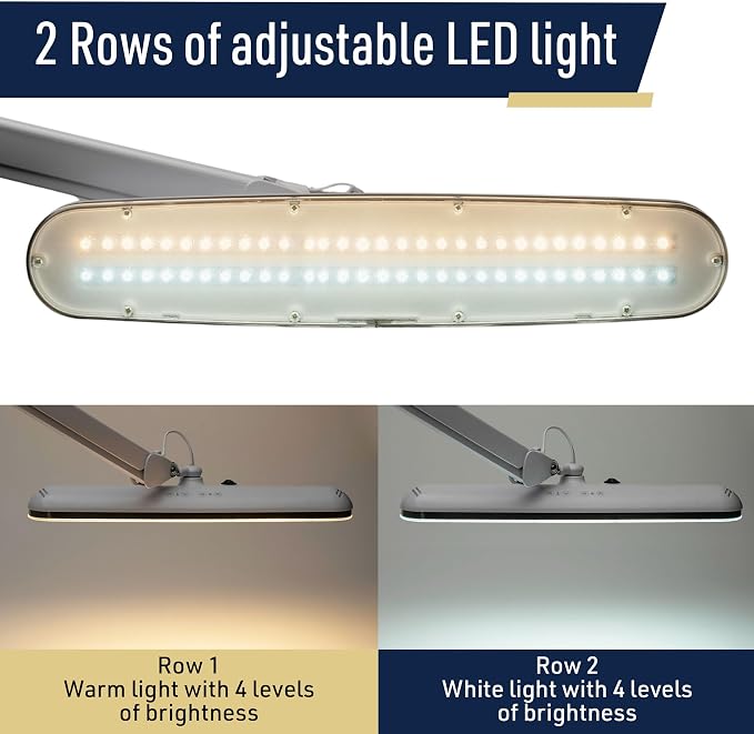 Kings County Tools LED Desk Lamp with Clamp - Architect Desk Light with Adjustable Swing Arm, Dual Light, and 16 Lighting Options - 32” Tall Task Lamp for Office Accessories (White)