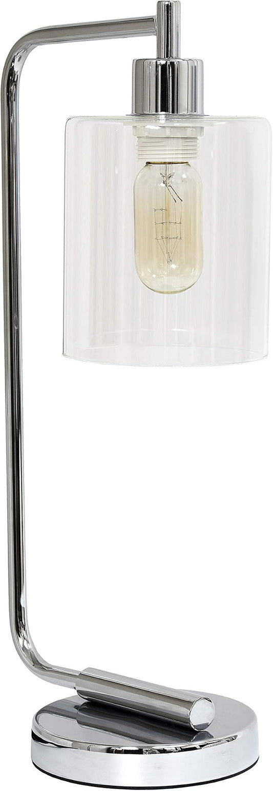 Simple Designs LD1036-CHR Bronson Antique Style Industrial Iron Lantern Desk Bedside Glass Shade Table Lamp, Chrome