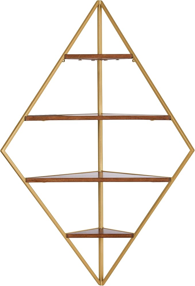 Kate and Laurel Melora Mid-Century Modern Corner Shelf; 24 x 38 x 17; Walnut and Gold; Glamorous Floating Corner Shelving with Four Shelves and Unique Geometric Shape