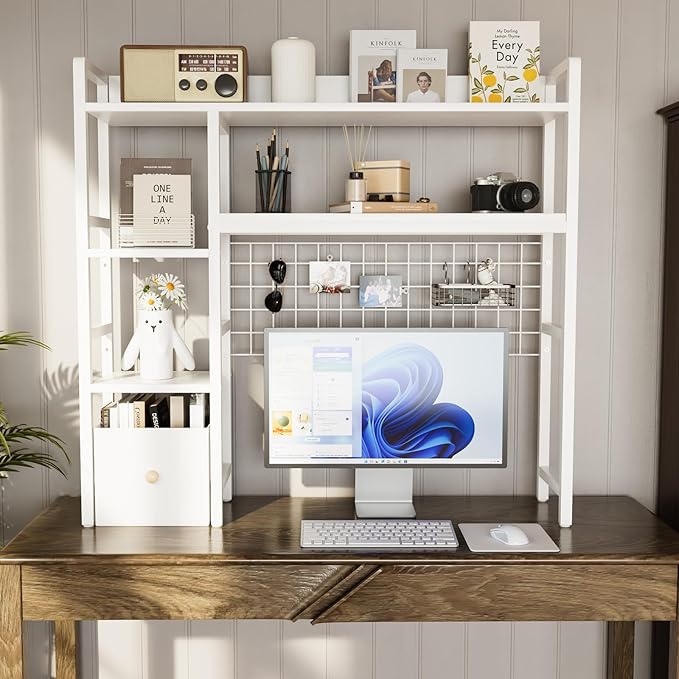 Desk Shelf,Computer Desktop Storage Rack,4 Tier Desk Organizer with Pegboard Hooks Set,Wood Desktop Bookshelf for Home Office Dorm,Office Desk Bookshelf with a Woven Drawer,White
