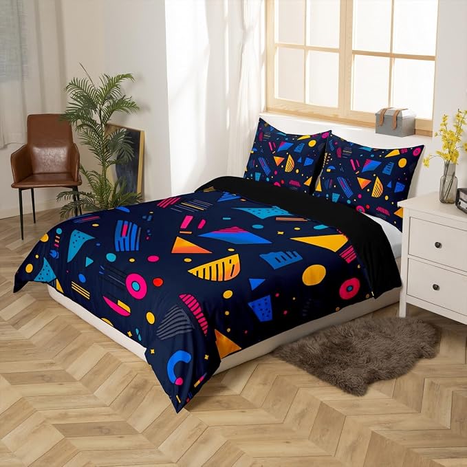 Memphis Style Duvet Cover Full Abstract Colorful Design with Dots Funky Bedding Set for Kids Child Girls Vintage Eighties Comforter Cover Memphis Fashion Bed Sets 80'S Style Retro 1980s Home Decor