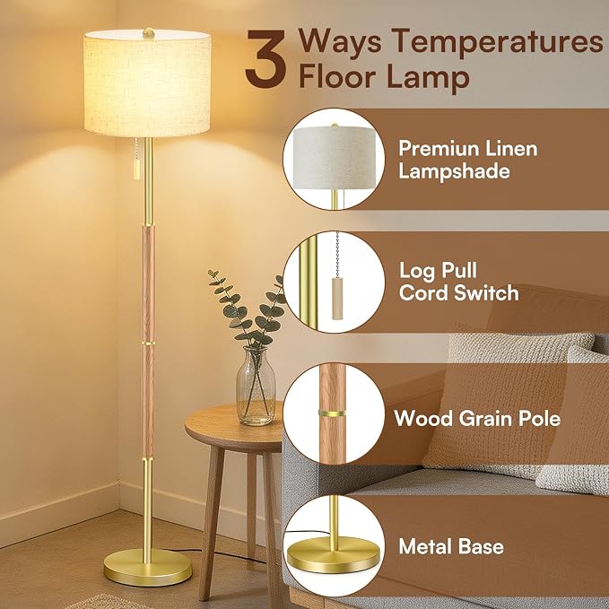 62" Mid Century Modern Floor Lamp, Natural Wood-Tone Standing Lamp with 3 Color Temperature & Pull Chain, Weighted Anti-Tip Base for Safety, Floor Lamps for Living Room Bedroom Corner (6500K Bulb)