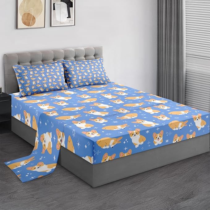Pamnest Full Size Bed Sheet Sets, Kawaii Cute Corgi Soft Microfiber 4 Pcs Bedding Sets for Kids and Adults Bedroom Bed Decor, Dog Animal Flat, Fitted Sheet and 2 Pillowcases