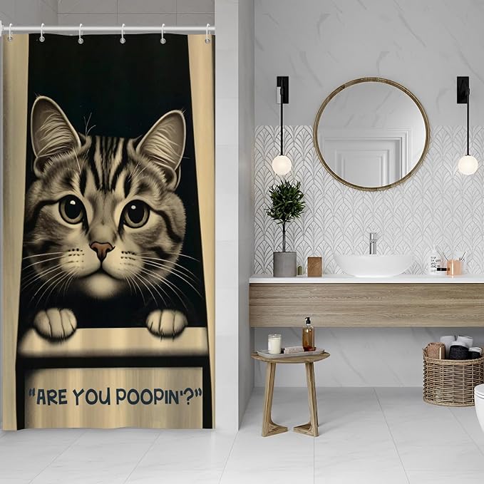 Cat Shower Curtains Cute are You Poopin' Funny Humorous Animal Whimsical Bathroom Curtain Curious Joke Cat Shower Curtain Sets for Bathroom Extra Long 54x72 in with 10 Hooks