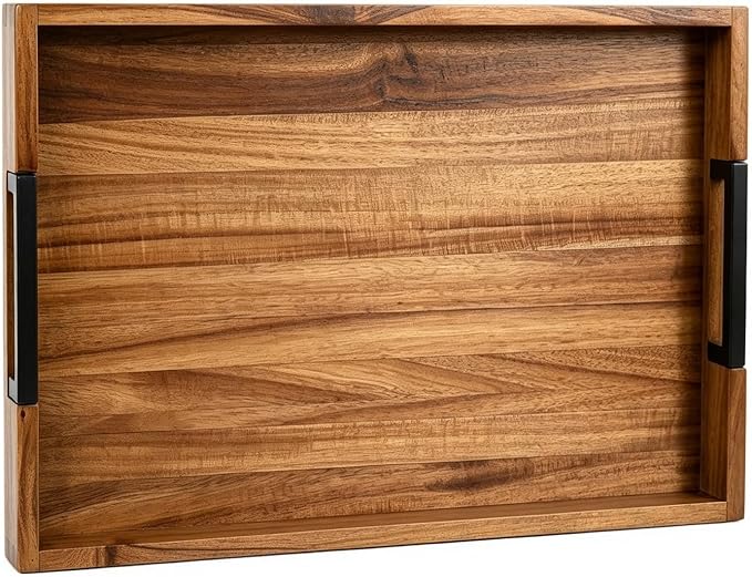 Large Ottoman Tray for Living Room and Coffee Table, Decorative Acacia Wood Serving Tray with Metal Handles for Breakfast in Bed, Dinner Food Kitchen TV (Natural, 17" x 13" x 2")