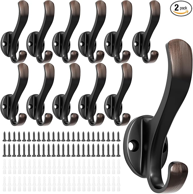 Heavy Duty Wall Hooks, Black, Metal Mounting Hardware, 6-Pack, Double Prong Design, Decorative Coat Hangers with Screws, Anchors (12, Vintage)